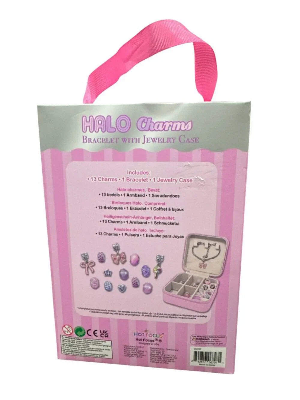 Halo Charms Bracelet With Jewelry Case - 13 Charms 1 Bracelet 1 Case Pink Bow De